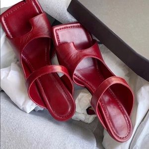 NWT red leather square toe thong kitty mules 3” price is firm